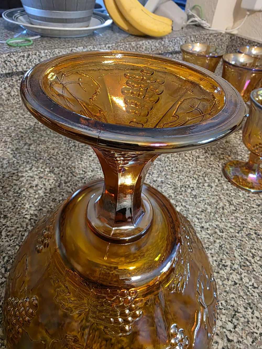 VTG Amber Indiana Glass Carnival Glass Grapes Compote Bowl + 6 Goblets Set